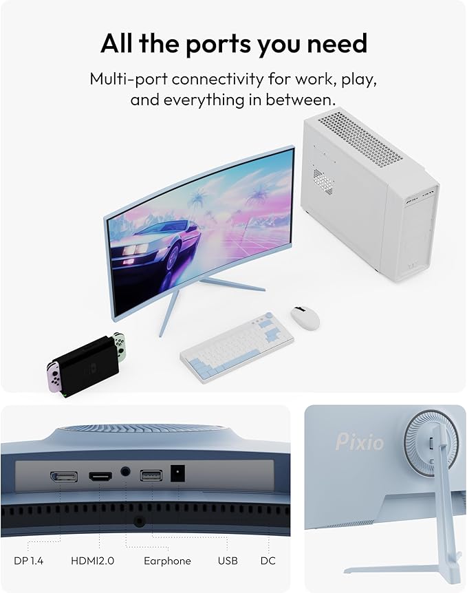 Pixio PXC248 Wave Blue 24 inch 200Hz Refresh Rate FHD 1080p Resolution 1500R Curve Fast VA Panel 1ms GTG Response Time Adaptive Sync HDR Curved Gaming Monitor