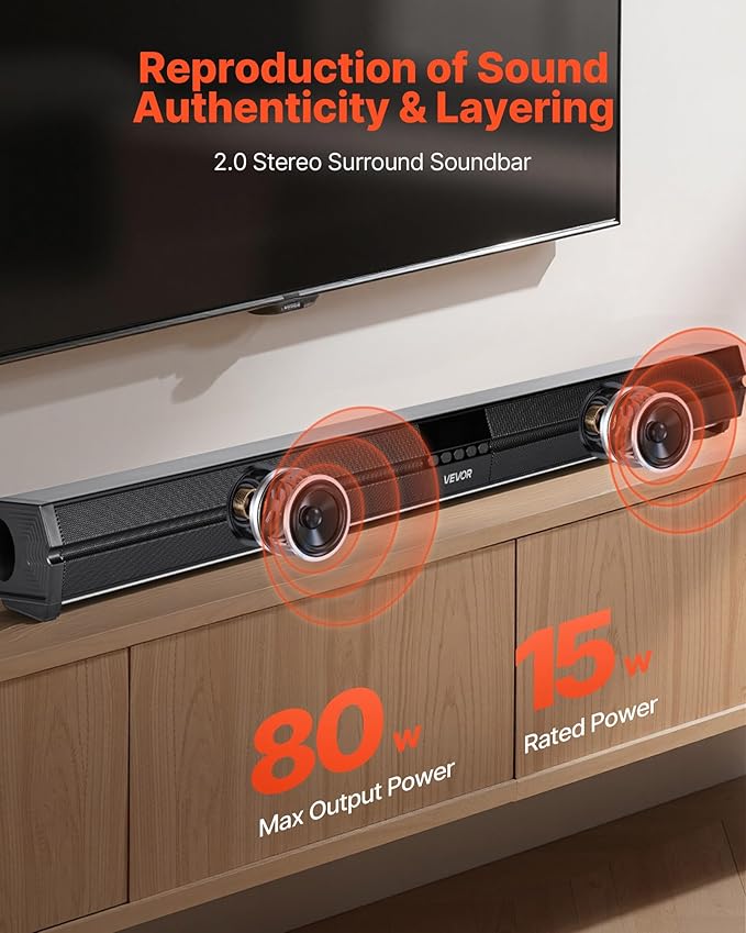 VEVOR Sound Bar for Smart TV, 2.0 Channel, 32-Inch Compact Soundbar TV Speakers for Projector, Bluetooth AUX Connection, Remote Control, Easy Setup, 80W Surround Sound System for PC Home Theater Audio