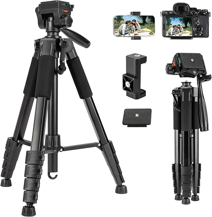 74'' Camera Tripod, Fotopro Lightweight Aluminum Travel Tripod for DSLR Camera and Phone with Detachable 3-Way Pan-Tilt Head Carry Bag and Mount Phone Stand for Video Recording Live Streaming