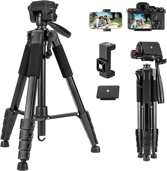 74'' Camera Tripod, Fotopro Lightweight Aluminum Travel Tripod for DSLR Camera and Phone with Detachable 3-Way Pan-Tilt Head Carry Bag and Mount Phone Stand for Video Recording Live Streaming