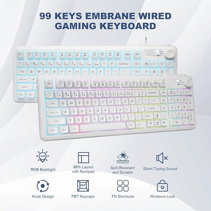 HUO JI 99 Keys RGB Wired Gaming Keyboard with Number Pad Knob,Mechanical Feeling Gaming Keyboard with Multimedia Keys,One-Touch Backlit, Anti-Ghosting, Compatible with PC, Mac, PS4/5, Xbox