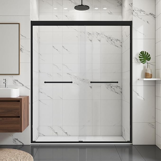 56-60" W x 72" H Shower Door Bathroom Double Sliding Shower Door 1/4"(6mm) Thick Tempered Glass Shower Door with Stainless Steel Handle for Walk-in Shower, Matte Black