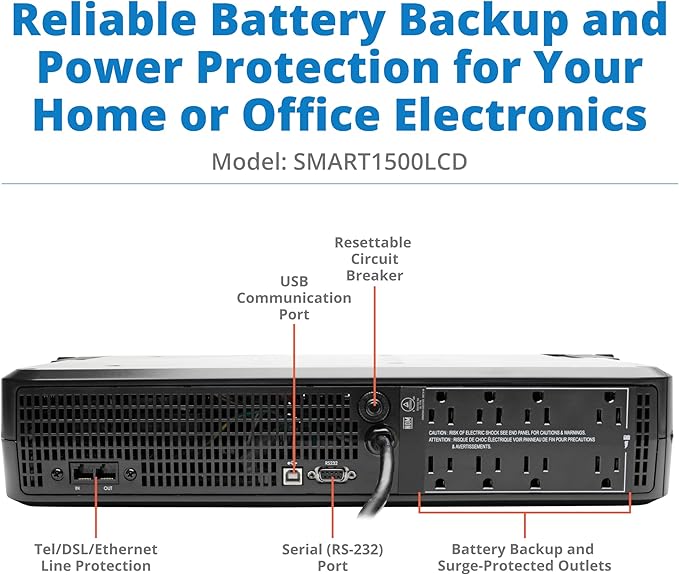 Tripp Lite SMART1500LCD 1500VA Rack Mount UPS Battery Backup, 900W, 8 Outlets, PWM Sine Wave, Short Depth 2U Rackmount UPS, AVR, LCD Screen