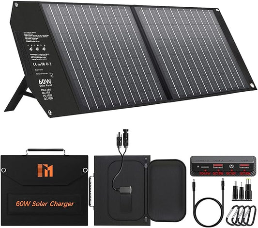 60W Portable Foldable Solar Panels Chargers with PD3.0 PD45W USB-C QC3.0 USB-A 18V DC MC4 Outputs for Camping Backpacking RV Trip Fast Charging for Small Power Station Generator Cell Phone Power Bank