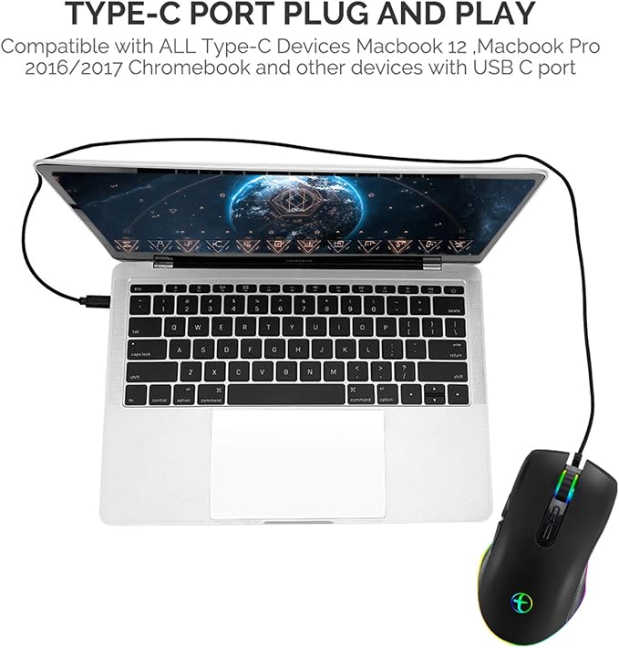 IULONEE Type C Mouse, Wired USB C Mice Gaming Mouse Ergonomic 4 RGB Backlight 3200 DPI Compatible with M@c, Matebook, Chromebook, HP OMEN, Windows PC, Laptop and More USB Type C Devices (Black)