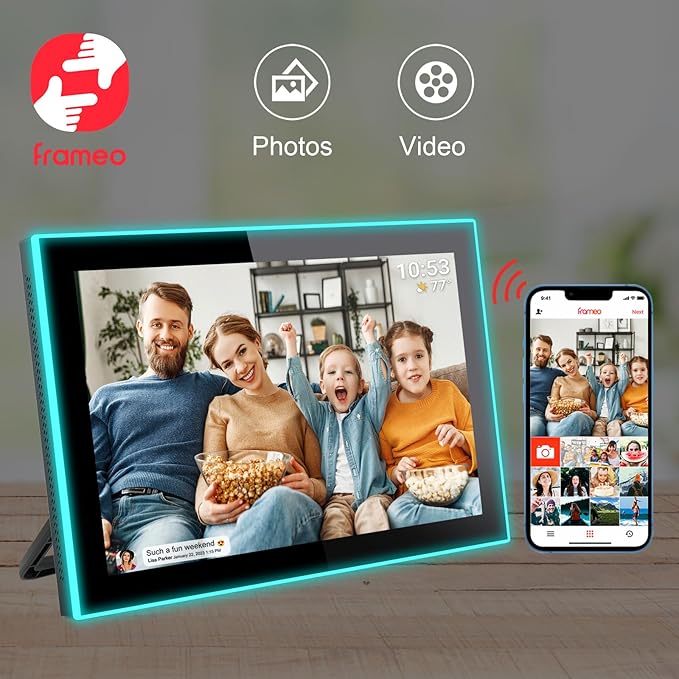 32GB FRAMEO 10.1 Inch WiFi Digital Photo Frame with Neon Light, 1280x800 HD IPS LCD Touch Screen, Auto-Rotate, 32GB Storage, Support USB Drive/SD Card Extend Storage, Share Moments via Frameo App