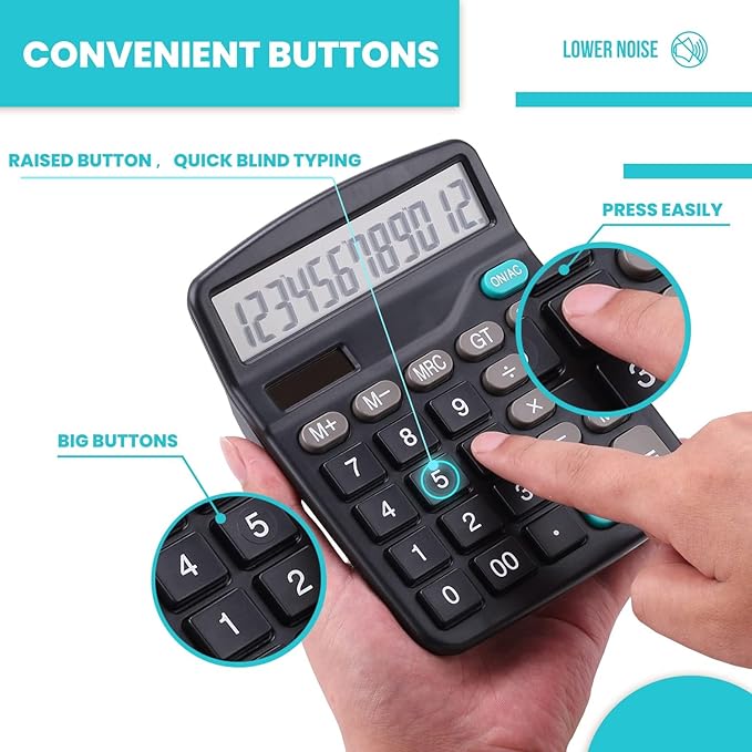 LICHAMP Desk Calculators with Big Buttons and Large Display, Office Desktop Calculator Basic 12 Digit with Solar Power and AA Battery (Included), 6 Bulk Pack