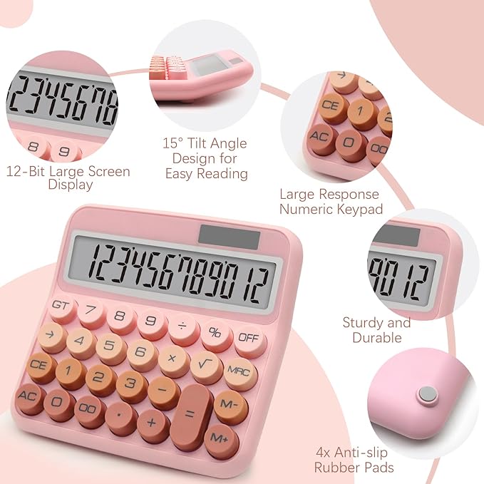 Pink Brown Calculator, Big Button Calculator with Large LCD Display, Pink Office Desk Accessory for Offices, Schools, Homes and Businesses