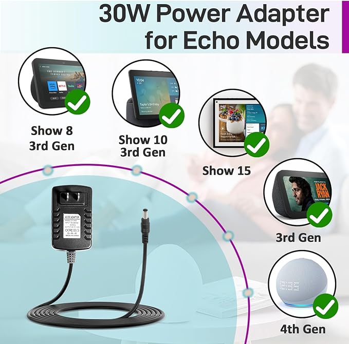 2Pcs 30W Power Adapter Replacement for Echo Show 8 (3rd Gen), Echo Show 10 (3rd Gen), Echo Show 15, Echo Show 21, Echo (3rd/4th Gen) - 5ft 30W Power Supply Adapter Charger Cable, Fast Charging Plug