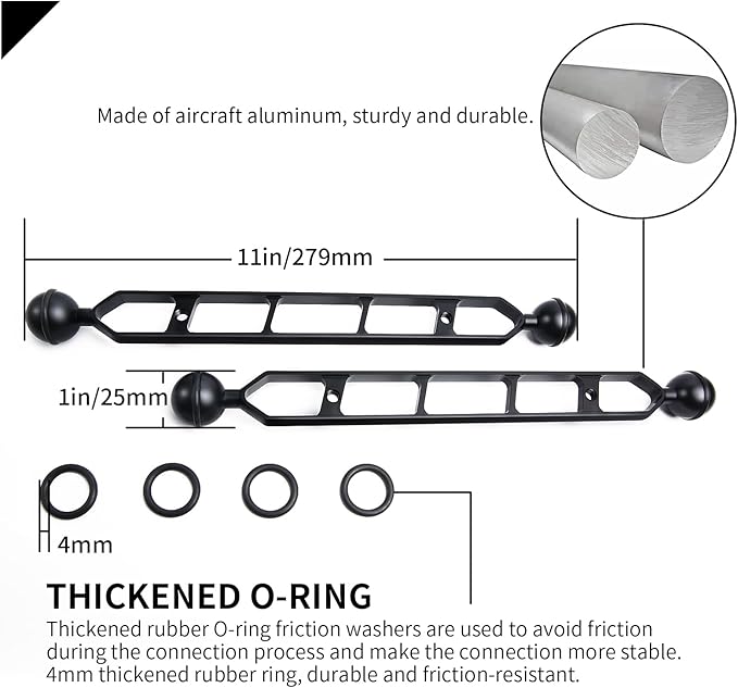 Black 11" Underwater Aluminum Alloy Extension Arm (2Pack) - Dual Ball System with 1" Head Connector, Waterproof & Rustproof for Diving Camera Tray/Strobe/Video Light, Scuba Photography Gear