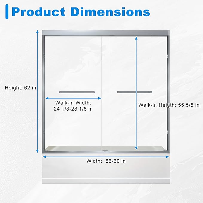 56-60" W x 62" H Tub Shower Door Bathroom Double Sliding Shower Door 5/16"(8mm) Thick Tempered Glass Shower Door with Stainless Steel Handle for Bathtub, Brushed Silver