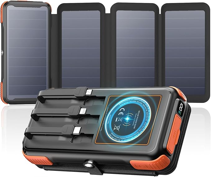 Solar-Charger-Power-Bank-49800mAh, 20W Fast Charging Portable Charger with Built-in 3 Cables & 4 Solar Panels, USB C Solar Battery Bank with LED Flashlights for Smartphones, Tablets