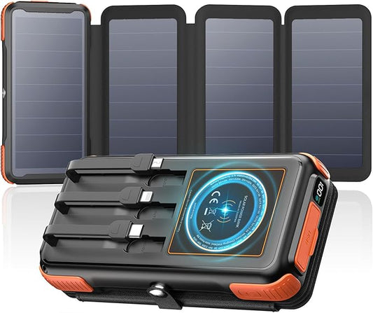 Solar-Charger-Power-Bank-49800mAh, 20W Fast Charging Portable Charger with Built-in 3 Cables & 4 Solar Panels, USB C Solar Battery Bank with LED Flashlights for Smartphones, Tablets