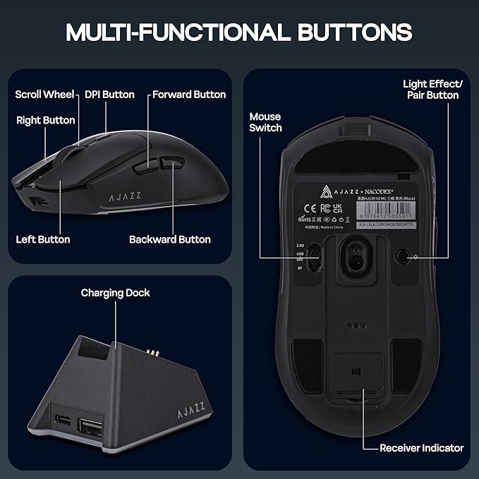 AJAZZ AJ139 V2 MC Gaming Mouse with Charging Base, Adjustable 12,000 DPI, PAW3311 Sensor, 3 Modes Wireless Mouse, 500mAh Battery, 1000 Polling Rate, 66g Lightweight, Win/Mac (Black)