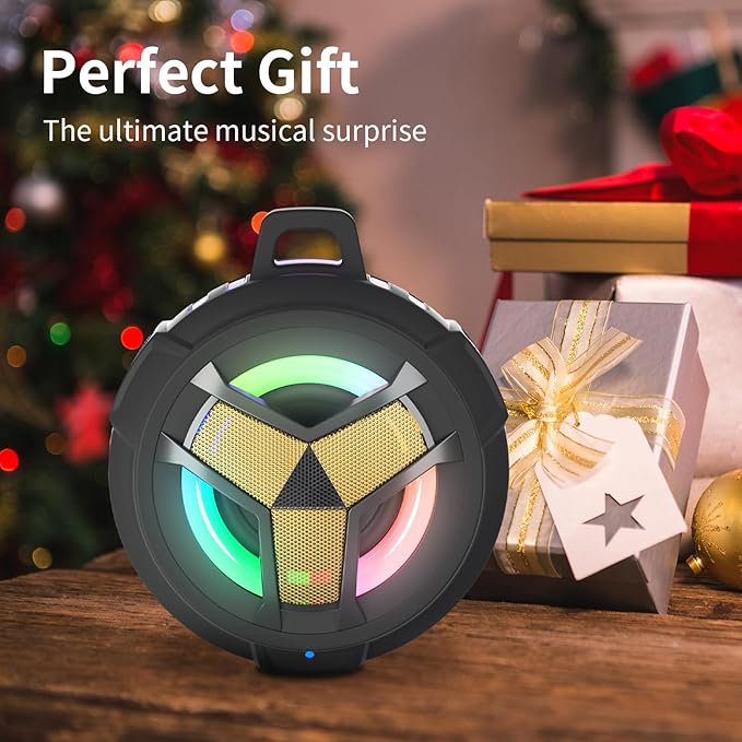 EBODA Waterproof Bluetooth Speaker, Shower Wireless Speaker, IP67 Waterproof, LED Light, Floating, Portable Speakers for Travel, Pool, Beach, Kayak, Gifts for Men-Black Golden Special Edition