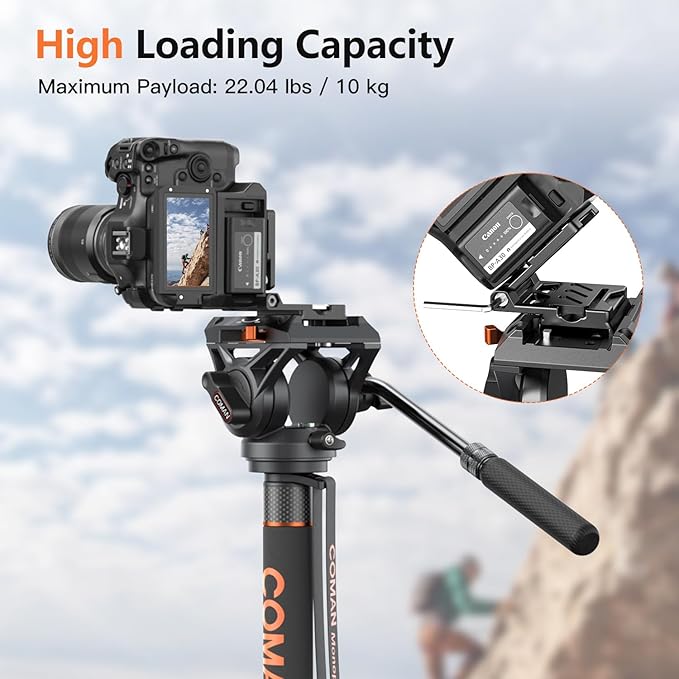 Monopod for Camera, COMAN Camera Monopod with Feet Q6 Fluid Head with Tripod Stand 70.6 inch Max Load 22 Lbs for Photography, Cameras, Canon, Nikon, Sony, DSLR, Video Camcorder