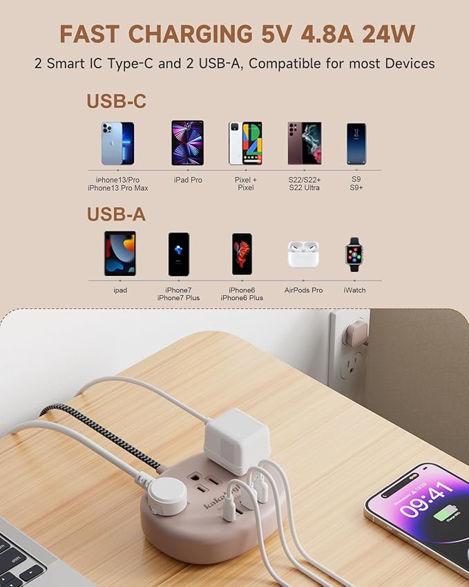 Brown Extension Cord with Surge Protected 1080J - 5 FT Flat Braided Extension Cord, 1625W Tan Extension Cord with 3 AC Outlet 4 USB (24W/4.8A), Compact for Brown Tan Wood Walnut Grain Desk Accessories