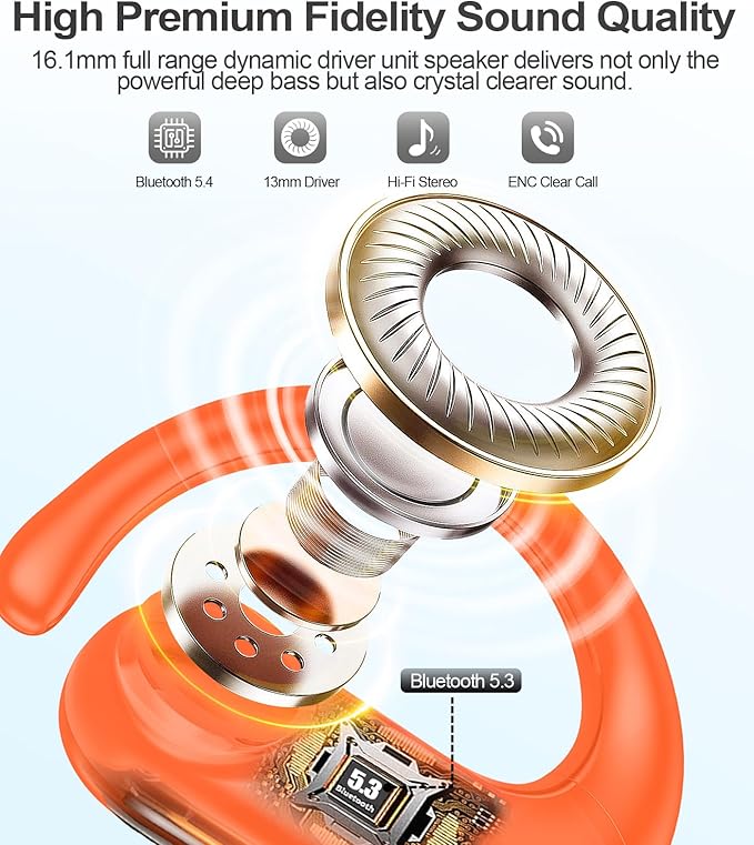 MOZOTER Wireless Earbuds Bluetooth Headphones Sport,Over Ear Buds with Deep Bass Sound,60Hrs Playtime Earphones Redesigned Comfort Fit with Earhooks for Running,Meeting,Workout- Orange