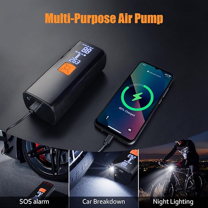 Tire Inflator Portable Air Compressor,150PSI Cordless Electric Air Pump for Car,Motorcycle,Bike Tires,Basketball & Sports Balls,with LED Light,Digital Pressure Gauge