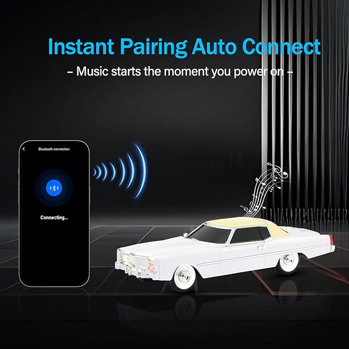 American Retro car Bluetooth Speaker, Mobile Wheel Retro car Model, HD Stereo, TWS Pairing, LED Ambient Light, Type-C Portable Charging, Home, Party, Camping Desktop Decoration (White)