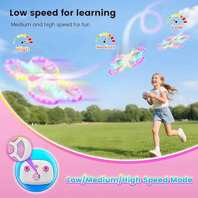 Mini Drone for Girls and Beginners with Fancy LED & Altitude Hold,Birthday Gift for Kids 8-12,Pink RC Drone with Propeller Protection,360°Flips,3 Speed Mode,Indoor Outdoor RC Quadcopter Toy