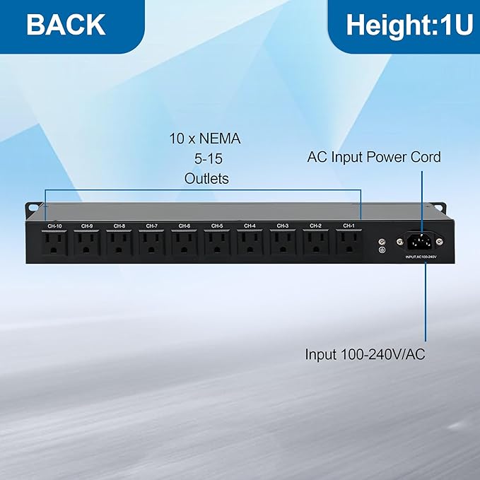 10 Outlet Horizontal 1U PDU Rack Mount Power Strip - Surge Protection,10 Individual Led Switches，AC 100V-240V-15A.for Network Server Racks, 6 ft Heavy Power Cord, ETL Listed