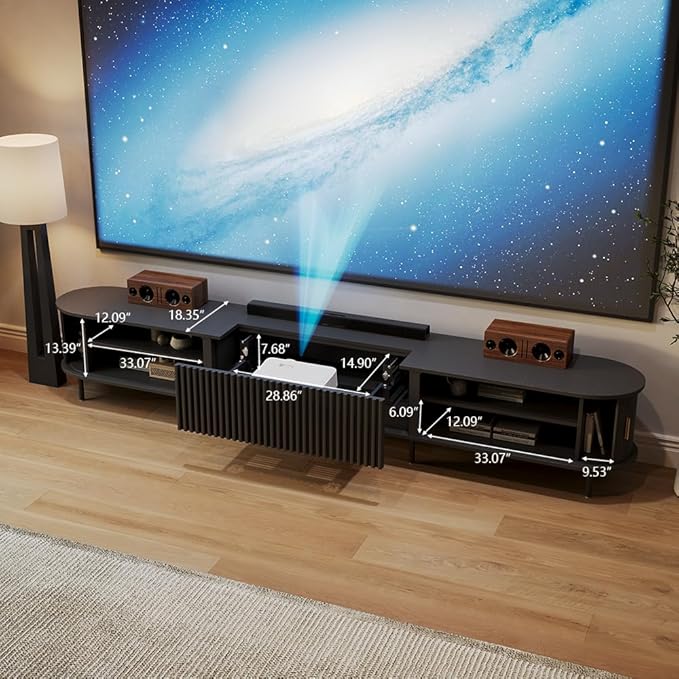 126" Ultra Short Throw Projector Cabinet with Featuring Drawer, Mid-Century Modern Electric TV Stand for Entertainment Center, with Linkage Memory Function and Ample Storage Space, Black