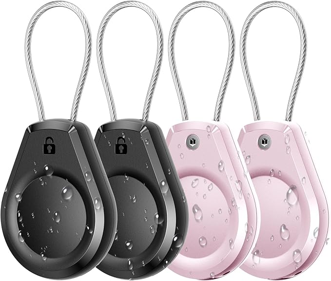 Waterproof AirTag Holder - (4 Pack) Air tag Lock Keychain with Wire Cable Compatible with Apple AirTags, Ultra Durable Anti-Lost Protective Case for Luggage, Key, Backpack,Black/Pink