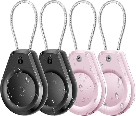 Waterproof AirTag Holder - (4 Pack) Air tag Lock Keychain with Wire Cable Compatible with Apple AirTags, Ultra Durable Anti-Lost Protective Case for Luggage, Key, Backpack,Black/Pink