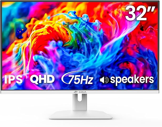 CRUA 32Inch White Monitor, QHD (2560X1440P), 75Hz Computer Monitor, IPS Screen, 120% sRGB, Support AMD FreeSync, Blue Light Filter, HDMI & DP, Built-in Speakers, Wall Mount Installation (75mm*75mm)