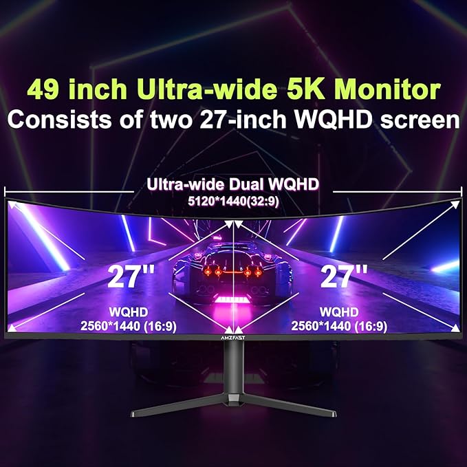 Amzfast 49 Inch Curved Monitor 120Hz DQHD 5120x1440p Ultrawide Gaming Monitor, 120% sRGB, 3000:1, 1ms, HDR, Adaptive Sync, PIP/PBP, Low Blue Light, HDMI 2.0/DP 1.4, VESA 75x75, AMZG49C7U