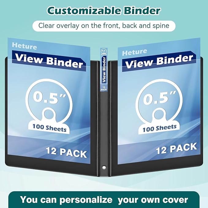 3 Ring Binder 0.5 Inch 12 Pack, 0.5" Clear View Round Ring Binders, PVC-Free, Holds for 100 Sheets 8.5"x 11" US Letter Size Paper, 1/2 in Durable Black Binders for Office,School and Home.