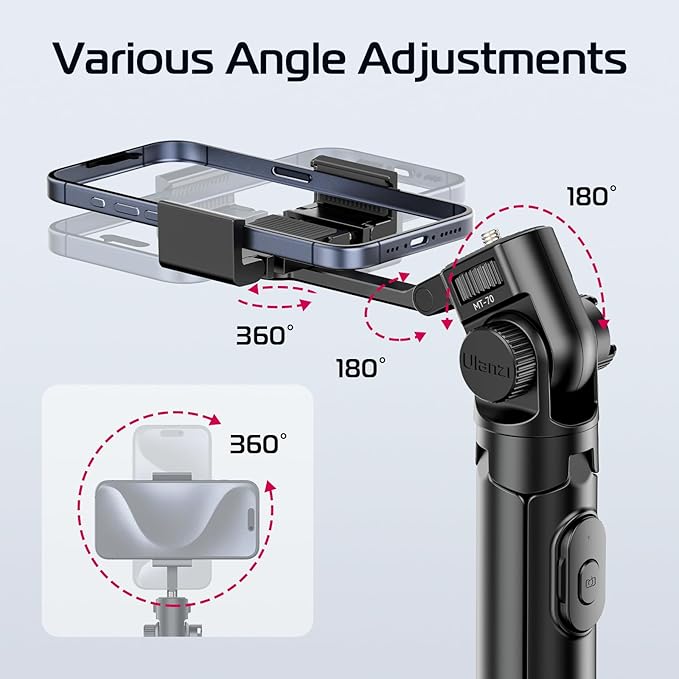 ULANZI MT-70 Extendable Tripod, 63" Selfie Stick Vlog Tripod Stand with 2 Phone Clips as Teleprompter, 360° Rotate Camera Holder for iPhone, Sony, Canon, DJI Osmo Nano, Lightweight for Travel, Black