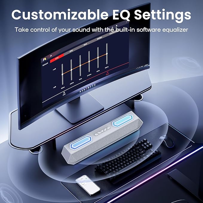 Deeyaple Computer Speakers, 40W Wireless Soundbar for Desktop PC with Bluetooth 5.3 & USB Audio,Software Custom EQ, Dynamic RGB Lighting, External Power Adapter Gaming Speakers, Laptop, Xbox (White)