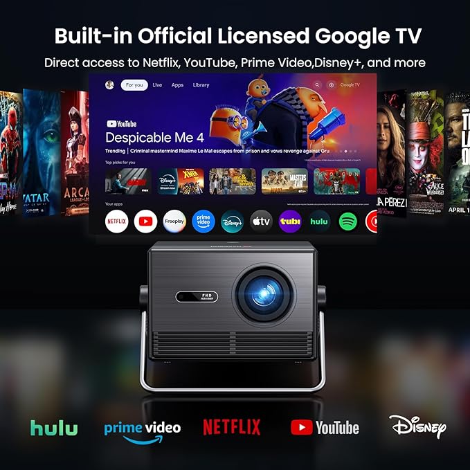 2000 ANSI Lumen Outdoor Projector Official Licensed Google TV Full HD 4K , Smart Projector with Wifi and Bluetooth, Auto Focus, Dolby Sound,Built-in Apps,HAPPRUN Home Theater for Phone/TV Stick/PC/PS5