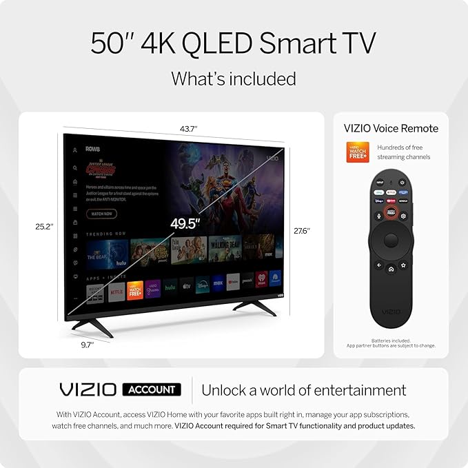 VIZIO 50-Inch Quantum 4K QLED Smart TV Bundle – 120fps Gaming, Dolby Vision HDR10+, HDMI VRR, Bluetooth, Alexa Compatible, w/AUX HDMI Cable, 12-Month CPS Protection, Screen Cleaner w/Microfiber