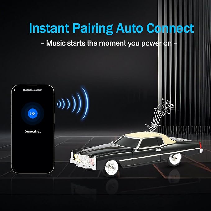 American Retro car Bluetooth Speaker, Mobile Wheel Retro car Model, HD Stereo, TWS Pairing, LED Ambient Light, Type-C Portable Charging, Home, Party, Camping Desktop Decoration (Black)