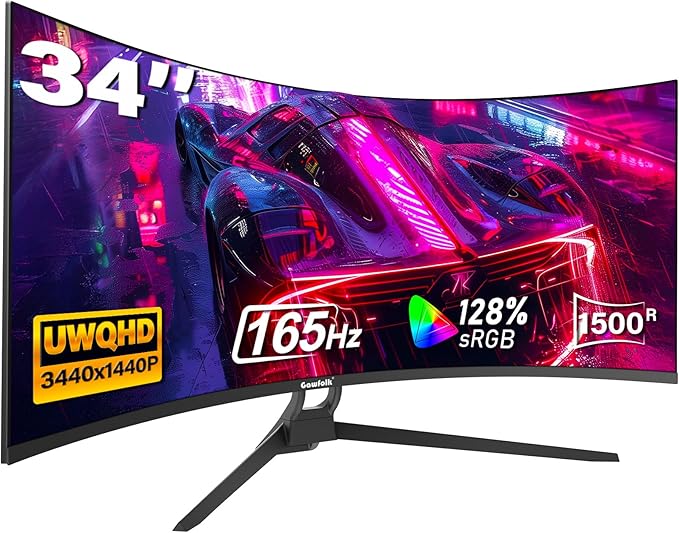 34 Inch Ultrawide Curved Gaming Monitor, 1500R PC Screen 165hz UWQHD 4K, Curved Computer Screen with FreeSync, Support Wallmount 75x75mm-Black