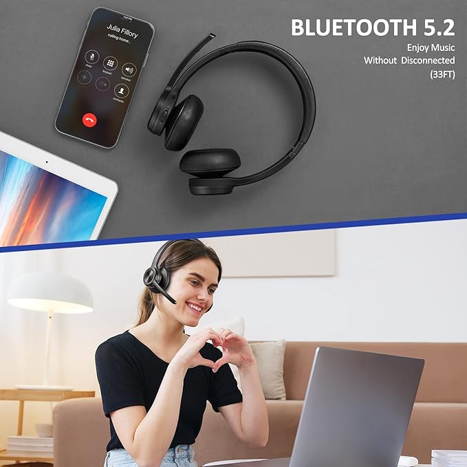 Bluetooth Headset V5.2 with Adapter, Wireless Headphones with Noise Cancelling Microphone, On Ear Wireless Headset for Cell Phones Laptop Computer