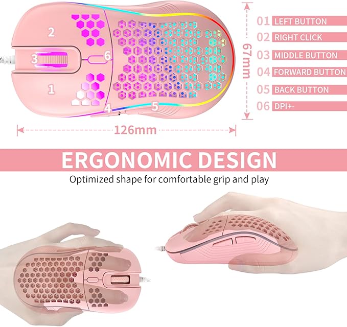 Honeycomb Wired Gaming Mouse with RGB On/Off Switch, 7200 Adjustable DPI, Ergonomic Lightweight Design & High Precision Sensor for PC/Mac Gamers (Pink)