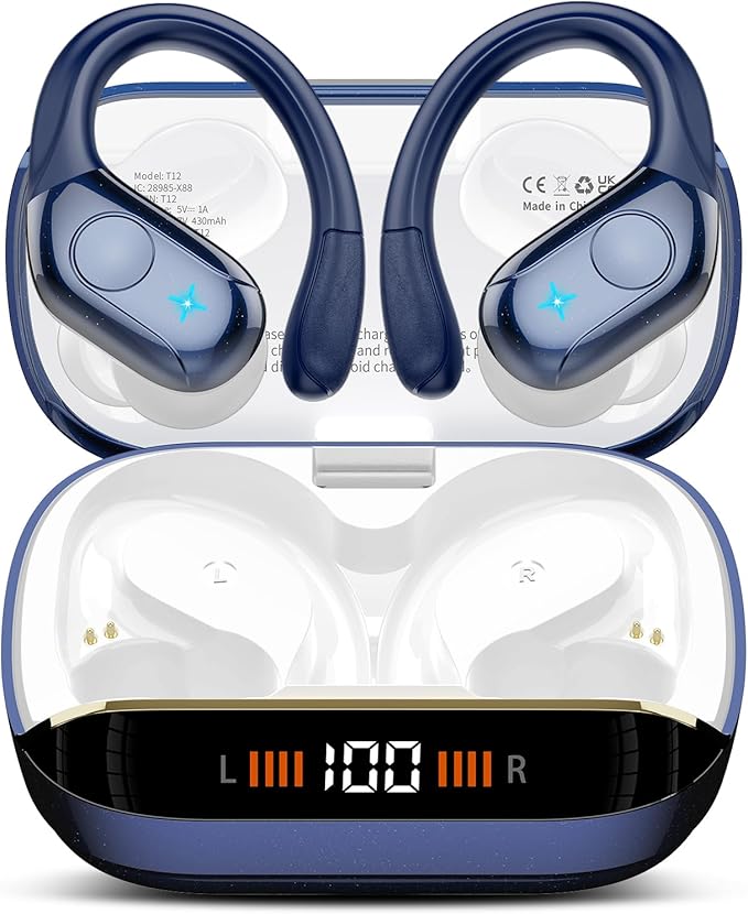 Wireless Earbuds Bluetooth Headphones Stereo Deep Bass Sports Ear Buds with Earhooks, Bluetooth Earbuds, LED Display, IP7 Waterproof Earphone, Dark Blue