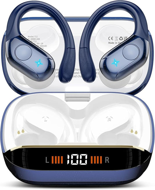 Wireless Earbuds Bluetooth Headphones Stereo Deep Bass Sports Ear Buds with Earhooks, Bluetooth Earbuds, LED Display, IP7 Waterproof Earphone, Dark Blue