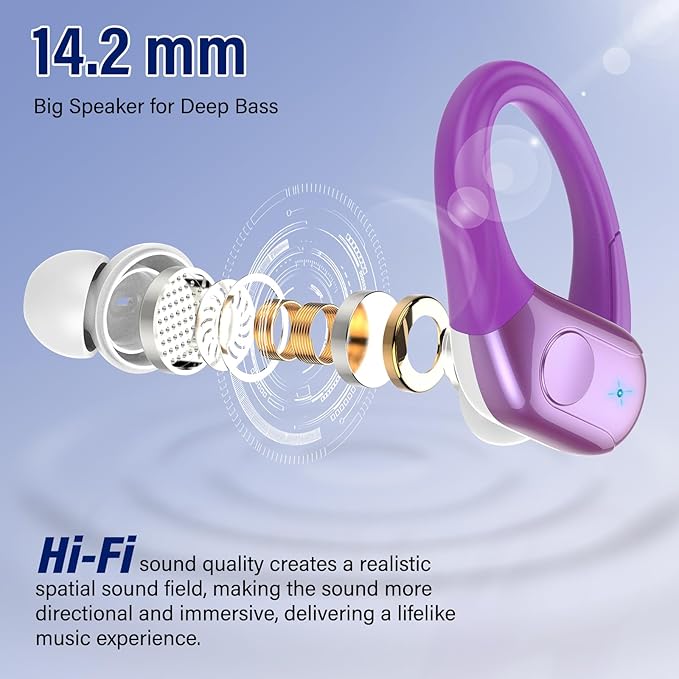Wireless Earbuds Bluetooth 5.4 Headphones 75H Stereo Deep Bass Sports Over Ear Buds with Earhooks, LED Display Bluetooth Earbuds with 4 ENC Mic, IP7 Waterproof Earphone for Running,Dark Purple