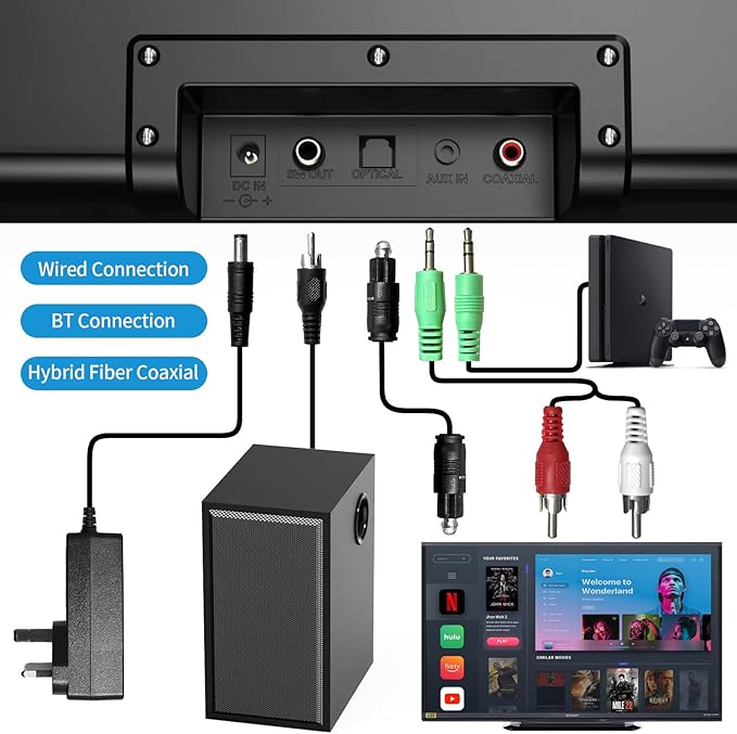 TV Speakers, Home Theater Speaker Wireless Audio Soundbar TV Speaker + Bass Subwoofer Wired Connect, Bluetooth Enabled/Optical/AUX/COAXIAL Inputs with Remote Control