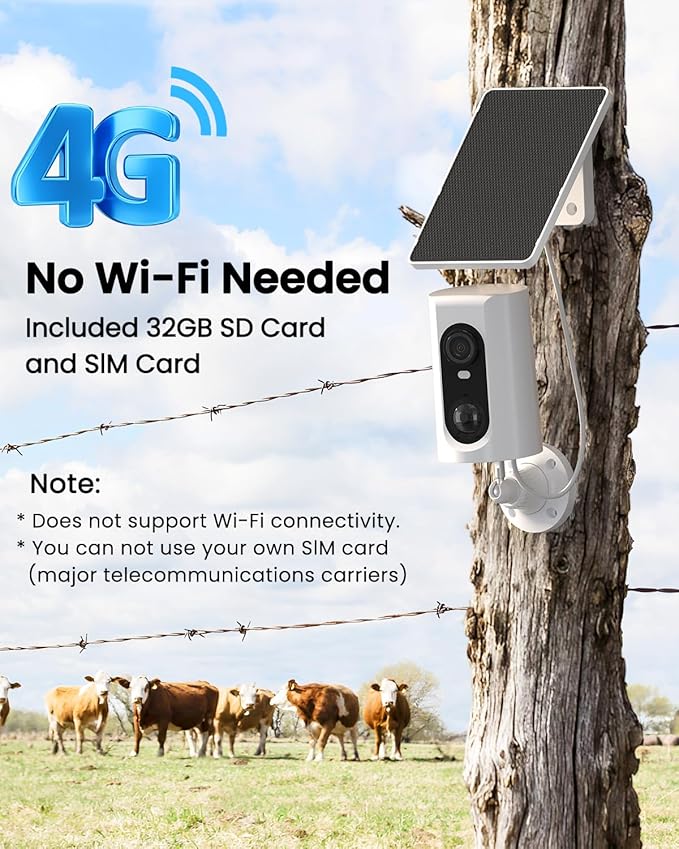 ANRAN 4G LTE Cellular Solar Security Camera Wireless Outdoor, 2K No WiFi Solar Powered Security Camera, 2 Way Audio, Smart Motion Detection, Color Night Vision, IP66, White (32GB & SIM Card Included)