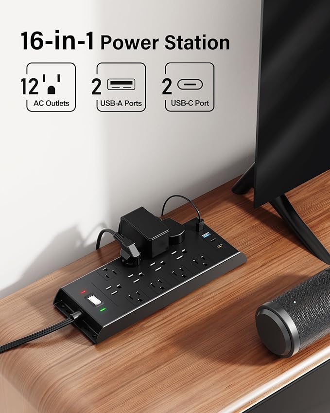 Surge Protector Power Strip 4800J, LeZone 10Ft Long Extension Cord Flat Plug, 12 Outlets 2 USB C 2 USB Ports, Wall Mountable, 20W Desk Charging Station, Black