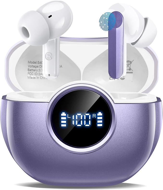 Wireless Earbuds 2025 NEW Bluetooth 5.4 Headphones Bass 3D Stereo, In-Ear Earphones with 4 ENC Noise Cancelling Mic, 48H Playtime with LED Display, IPX7 Waterproof for Laptop Android iOS, Light Purple