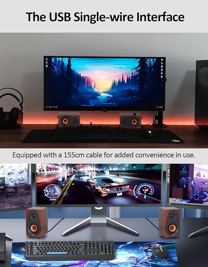 Small Computer Speakers, 2.0 Wooden Speakers for PC or Laptop, USB-Powered Small PC Speakers, Suitable for Desktop Computers/Laptops Built-in 2x2 Speaker Diaphragms