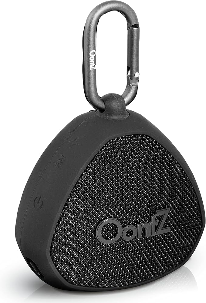 Oontz Mini Bluetooth Speaker 5.0-5W Sound, 12-Hr Battery, 100ft Wireless Range, IPX7 Waterproof, Budget-Friendly Small Portable Clip On Speaker for Shower, Travel, Party, Outdoor or Home (Black)