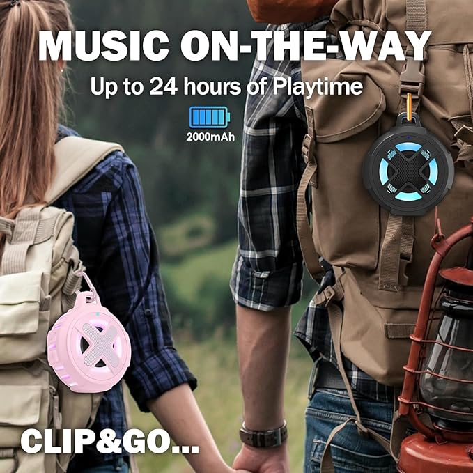 XLeader X8, Upgraded, Portable Bluetooth Speaker, Certified IP67 Waterproof Shower Speaker, Silicone Case, 10W Bass, 24H Playtime, Small, Floating, Lights, Clip, for Pool Beach Kayak Travel Gifts Pink